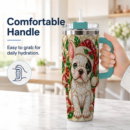 #pl[40oz|Green] French Bulldog 40oz Tumbler with Handle, Christmas Dog Travel Cup