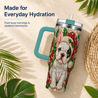 #pl[40oz|Green] French Bulldog 40oz Tumbler with Handle, Christmas Dog Travel Cup