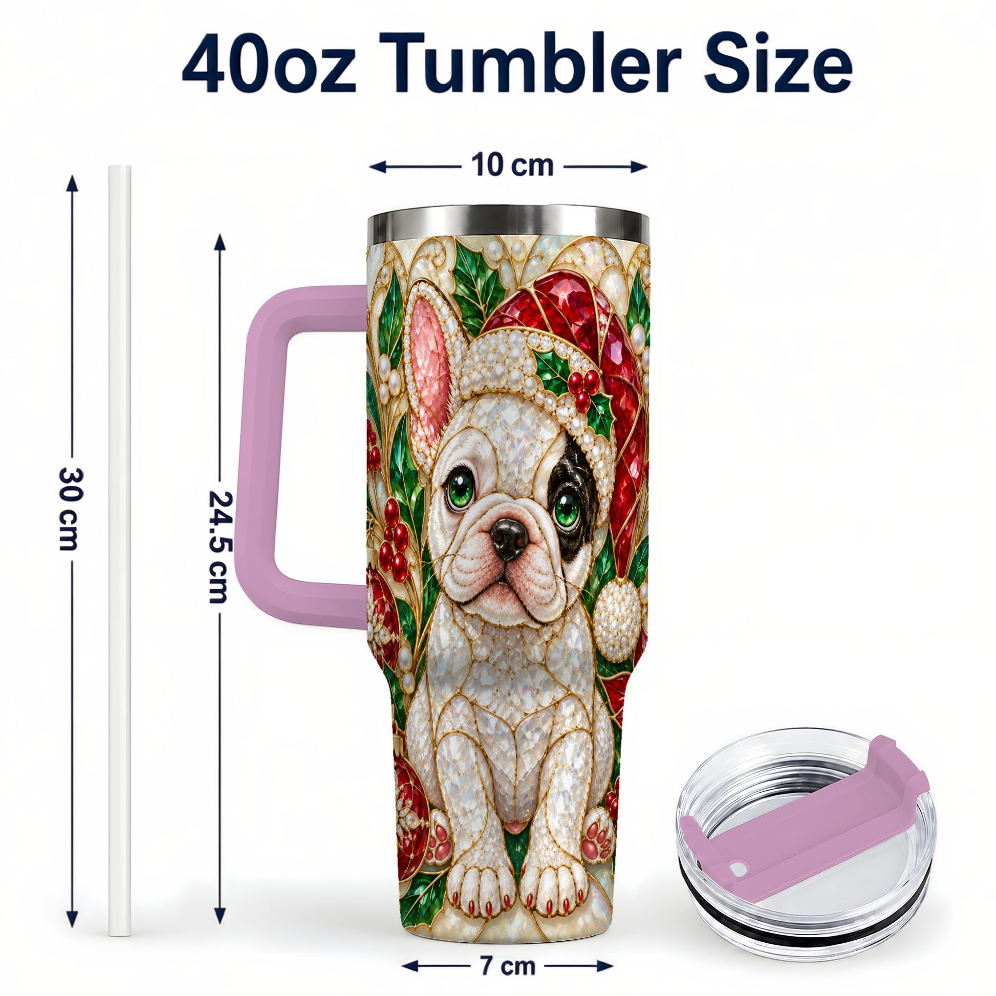 #pl[40oz|Pink] French Bulldog 40oz Tumbler with Handle, Christmas Dog Travel Cup