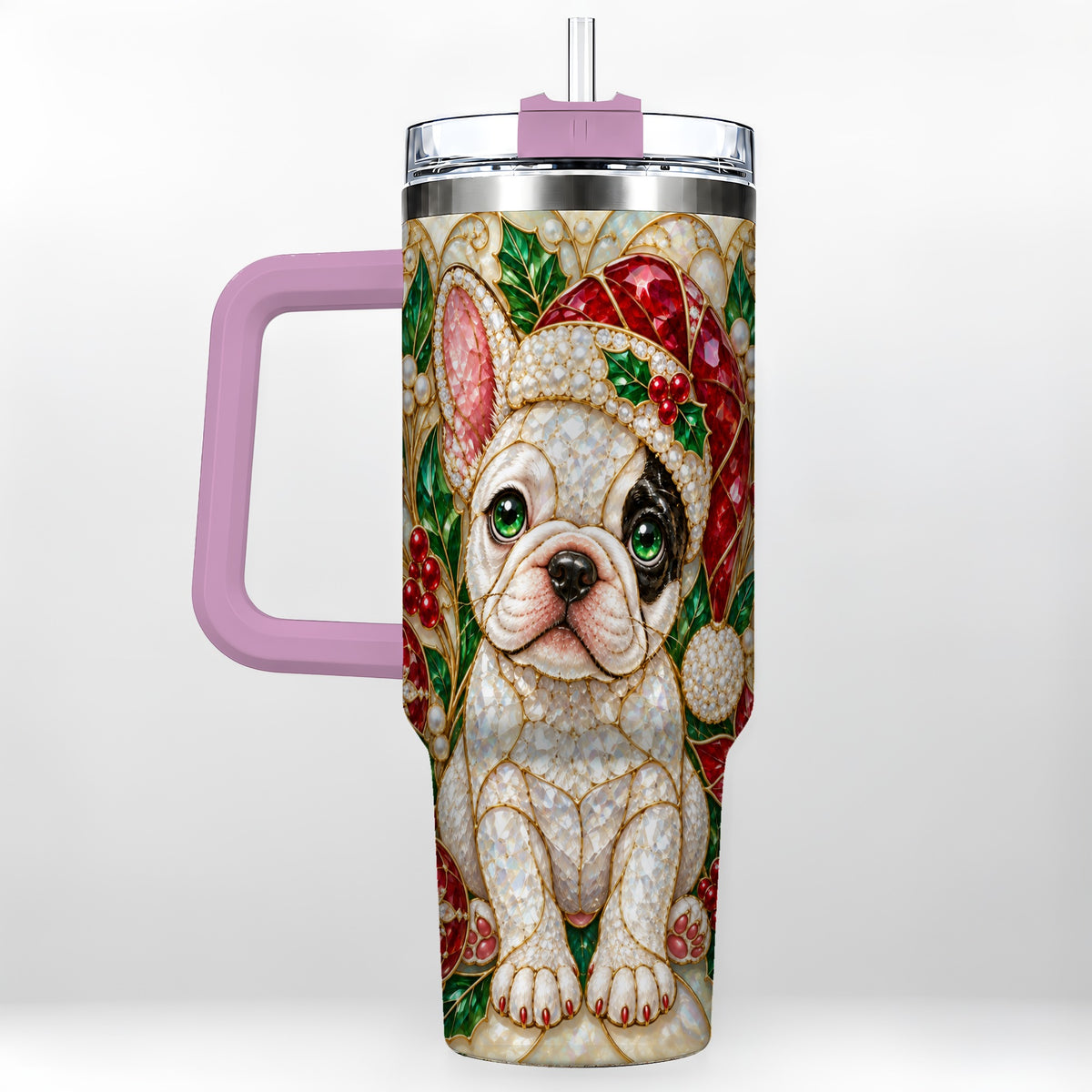 #pl[40oz|Pink] French Bulldog 40oz Tumbler with Handle, Christmas Dog Travel Cup