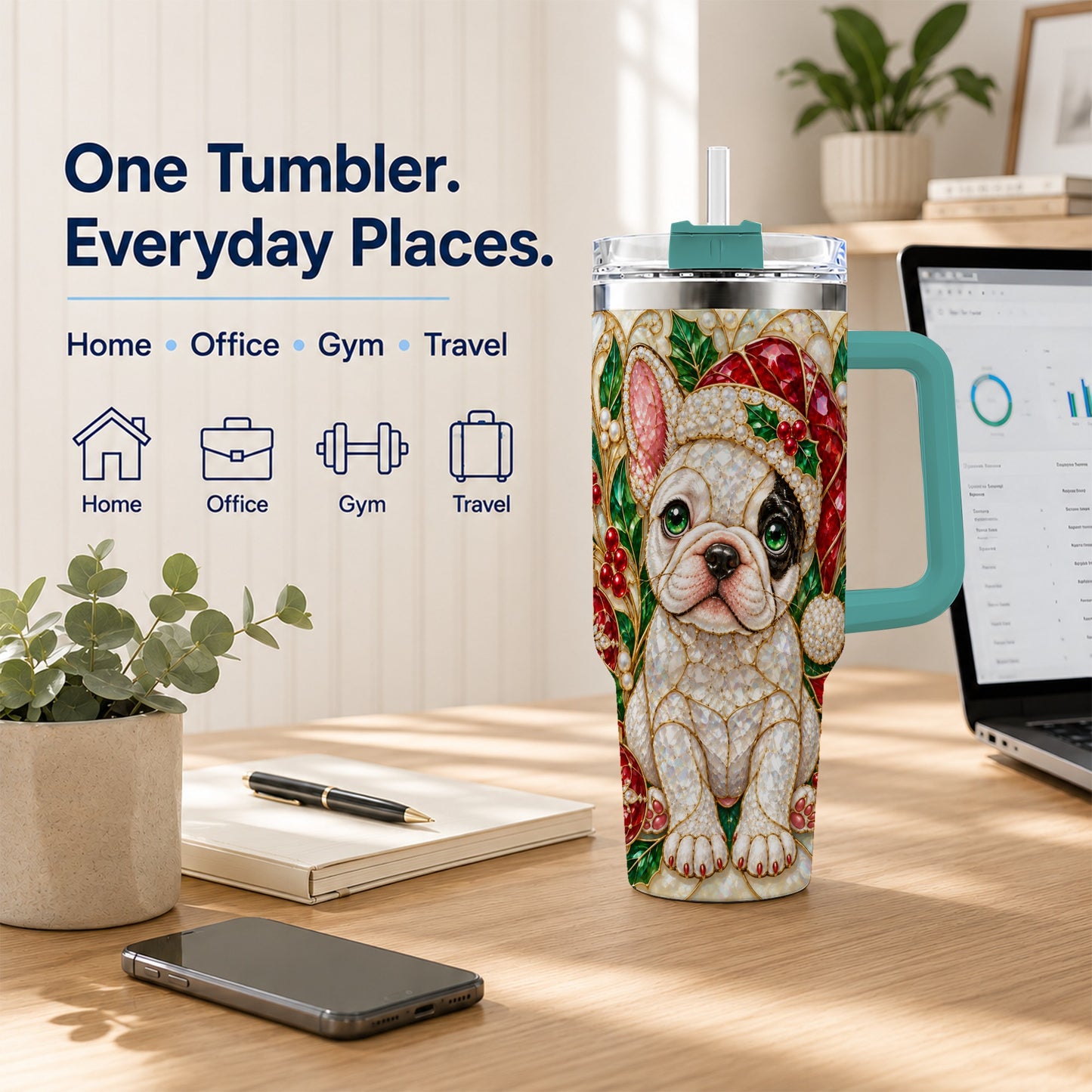 #pl[40oz|Green] French Bulldog 40oz Tumbler with Handle, Christmas Dog Travel Cup