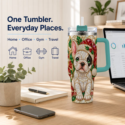 #pl[40oz|Green] French Bulldog 40oz Tumbler with Handle, Christmas Dog Travel Cup