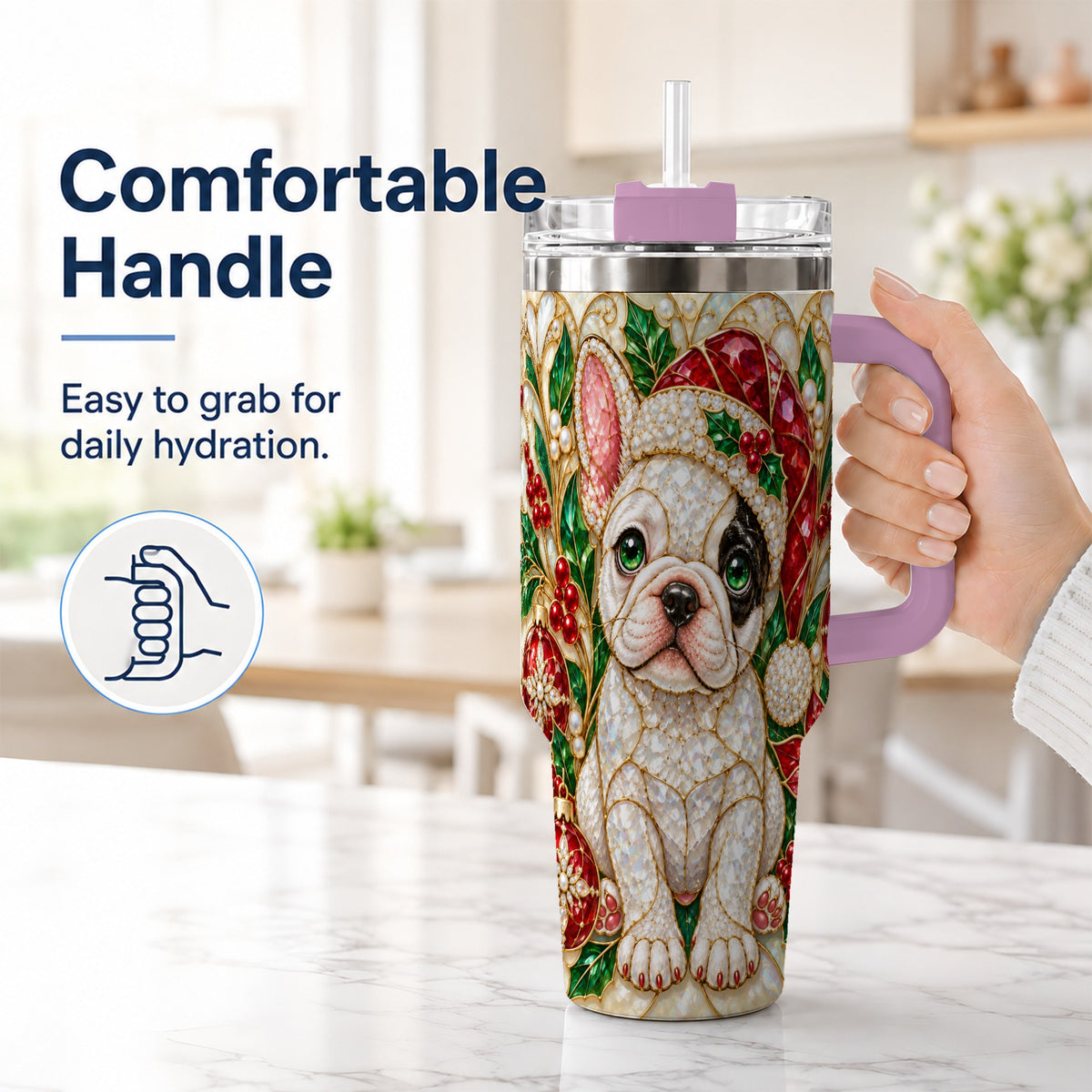 #pl[40oz|Pink] French Bulldog 40oz Tumbler with Handle, Christmas Dog Travel Cup