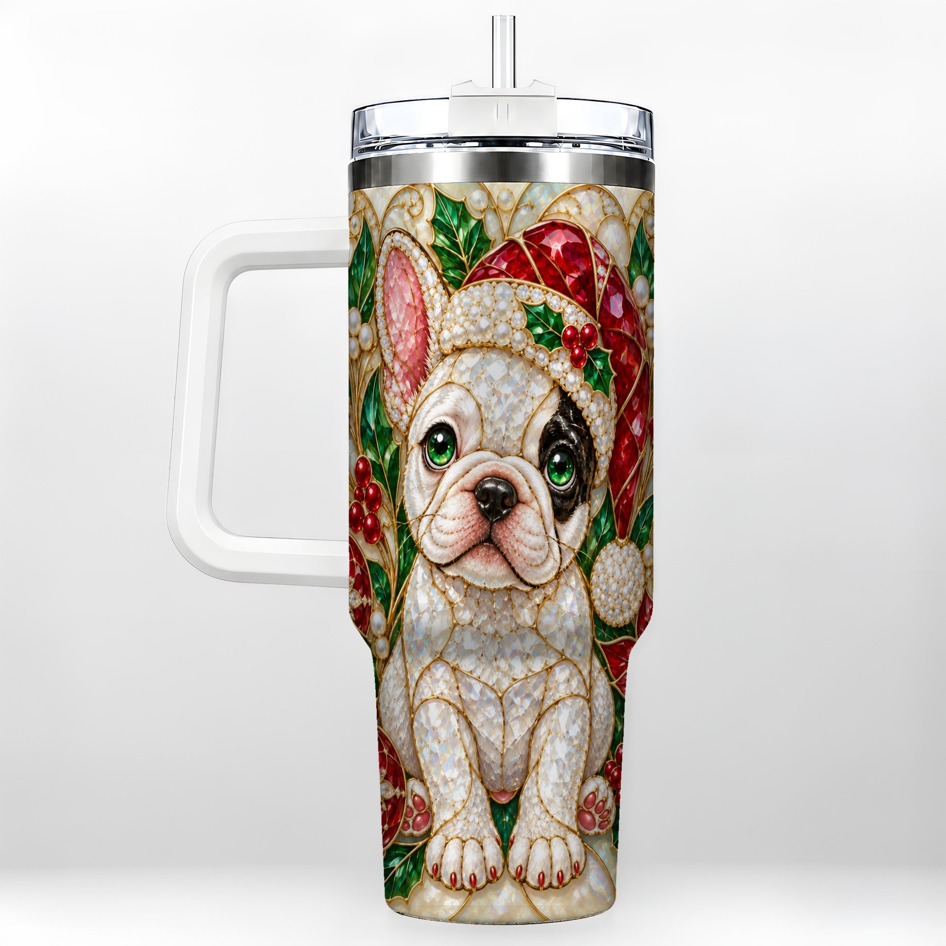 French Bulldog 40oz Tumbler with Handle, Christmas Dog Travel Cup