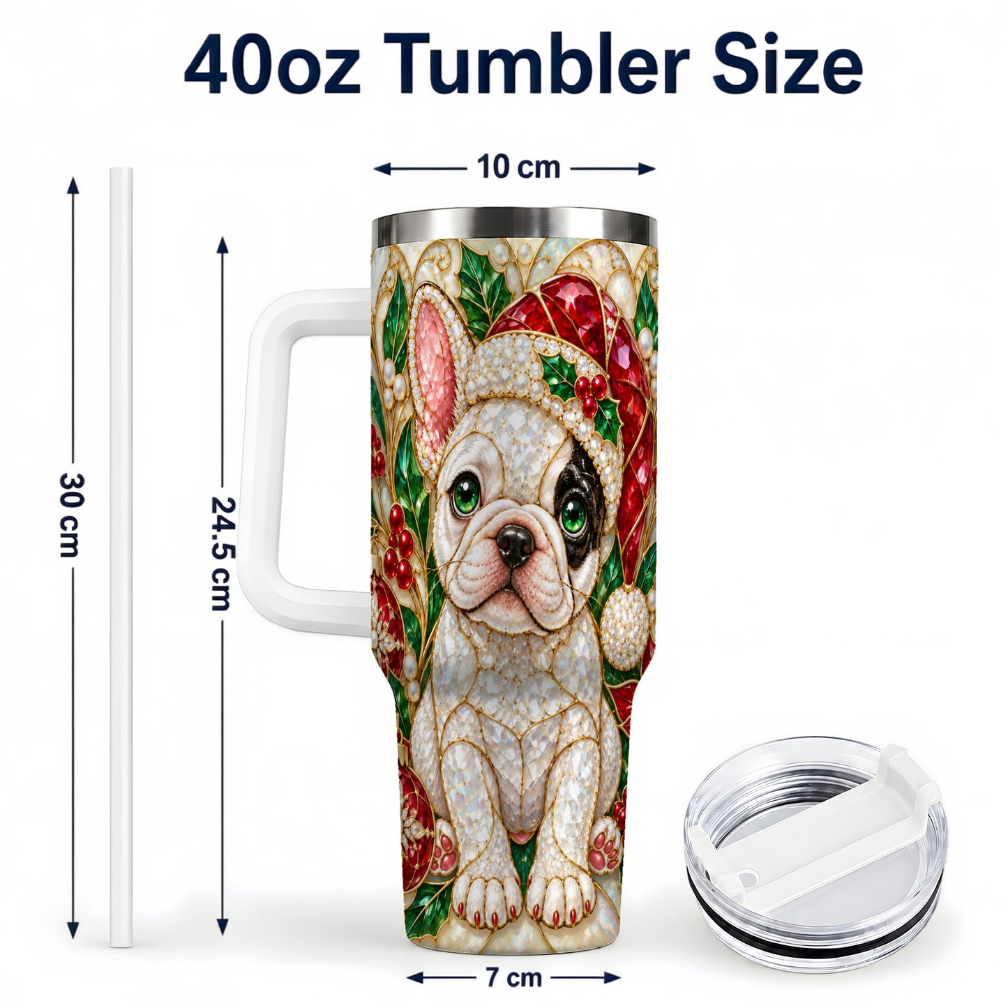 #pl[40oz|White] French Bulldog 40oz Tumbler with Handle, Christmas Dog Travel Cup