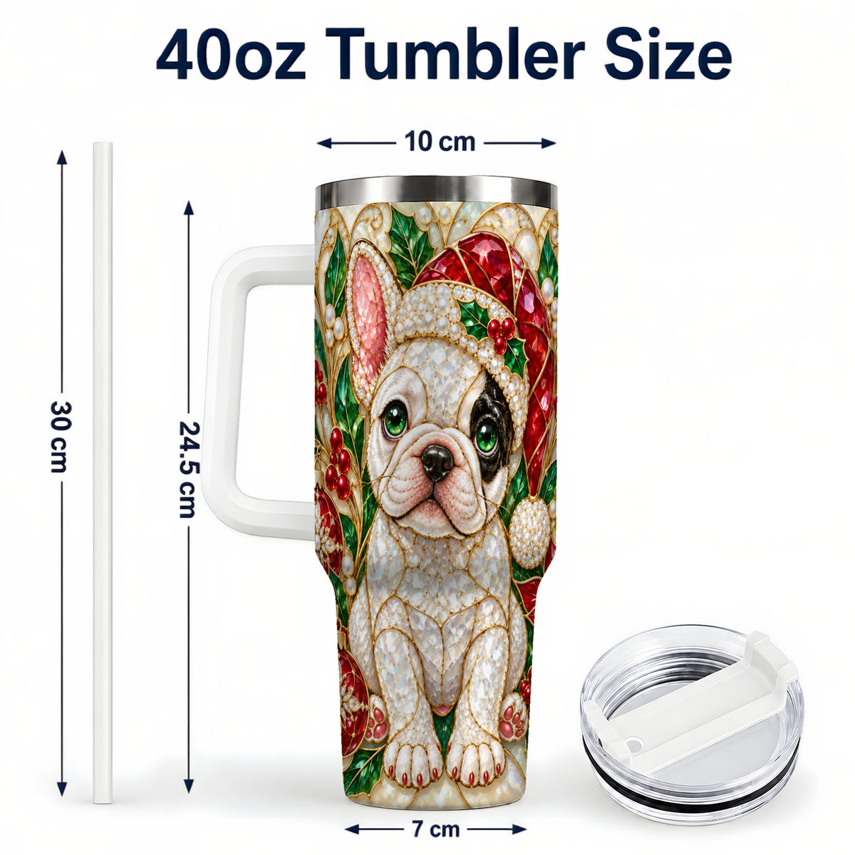 #pl[40oz|White] French Bulldog 40oz Tumbler with Handle, Christmas Dog Travel Cup