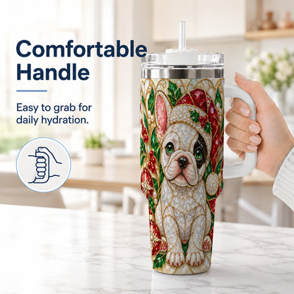 #pl[40oz|White] French Bulldog 40oz Tumbler with Handle, Christmas Dog Travel Cup