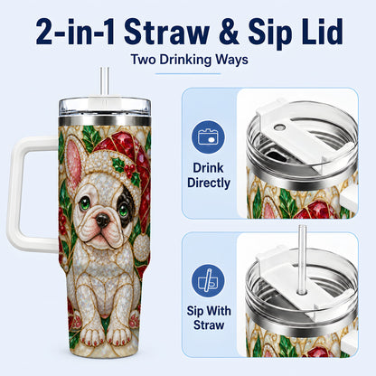 #pl[40oz|White] French Bulldog 40oz Tumbler with Handle, Christmas Dog Travel Cup
