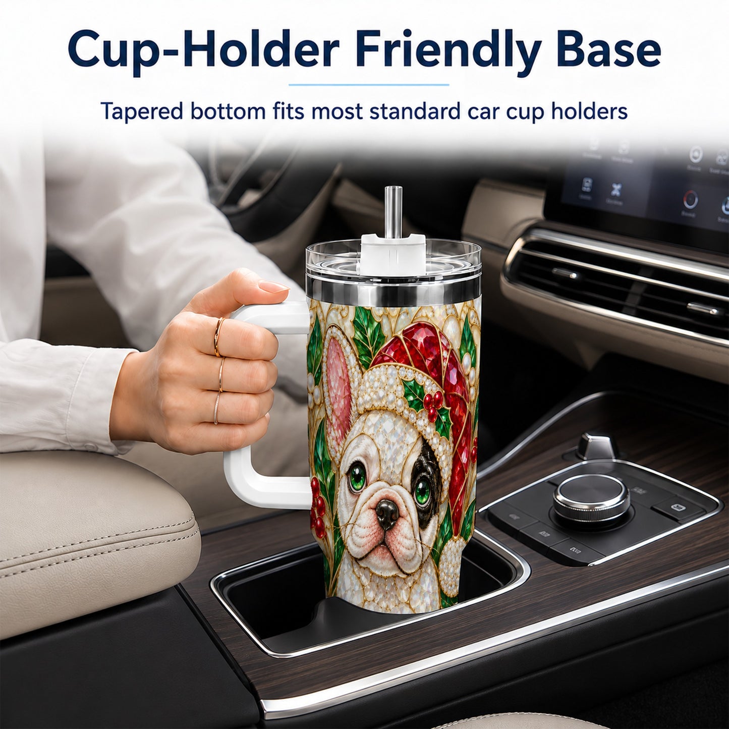 #pl[40oz|White] French Bulldog 40oz Tumbler with Handle, Christmas Dog Travel Cup