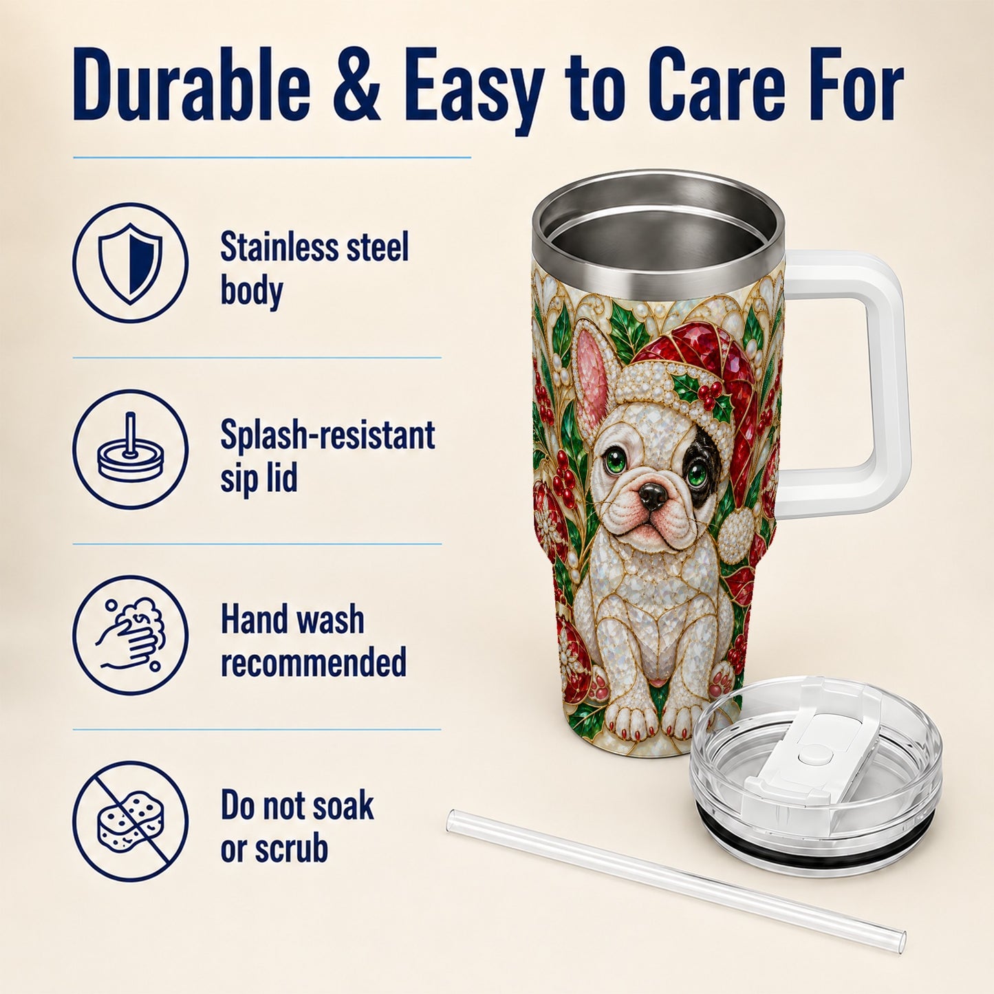 #pl[40oz|White] French Bulldog 40oz Tumbler with Handle, Christmas Dog Travel Cup