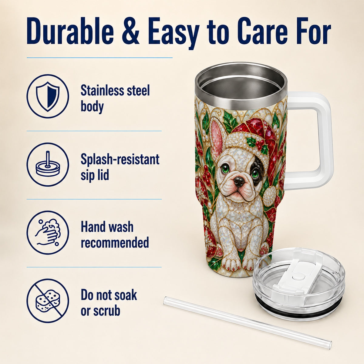 #pl[40oz|White] French Bulldog 40oz Tumbler with Handle, Christmas Dog Travel Cup