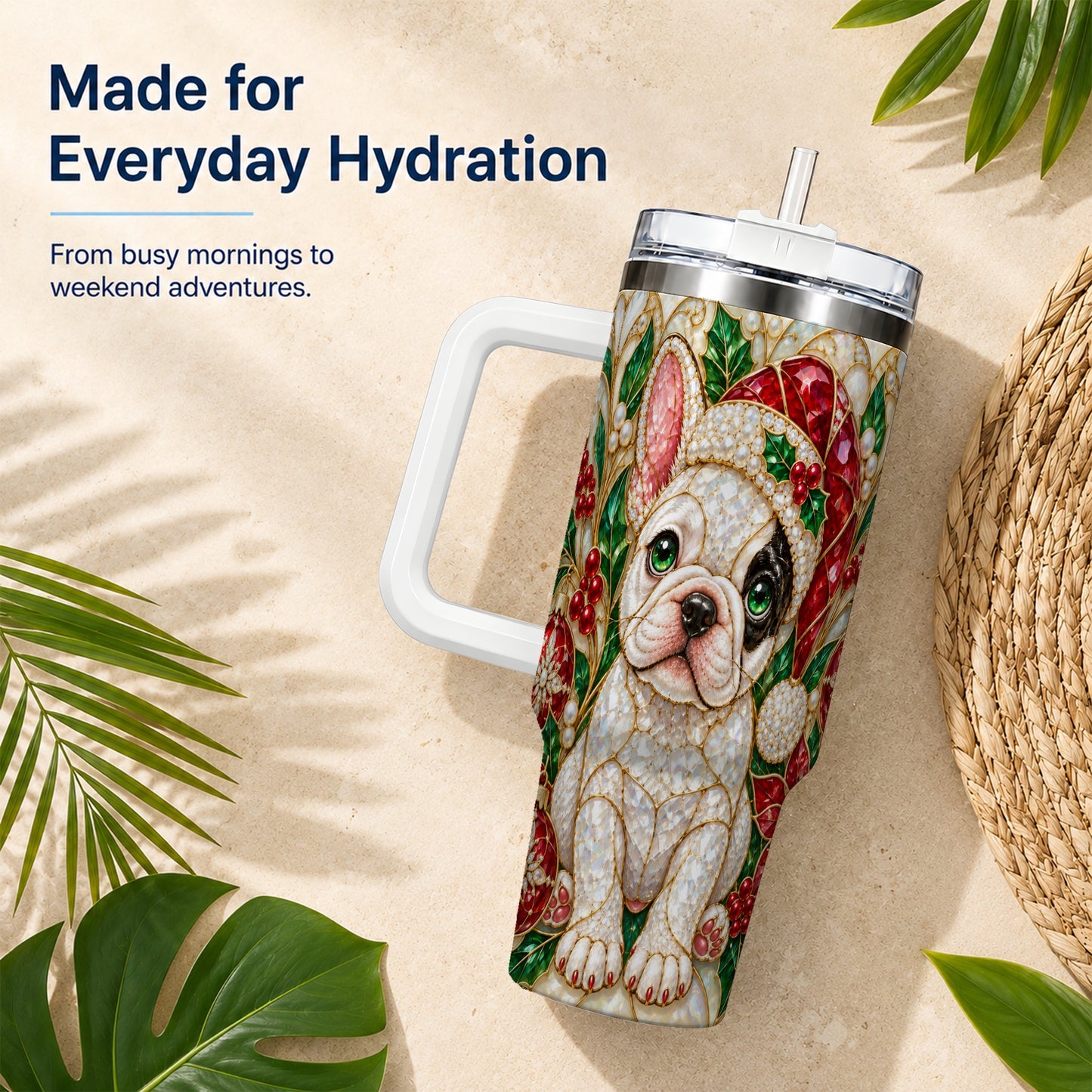 #pl[40oz|White] French Bulldog 40oz Tumbler with Handle, Christmas Dog Travel Cup