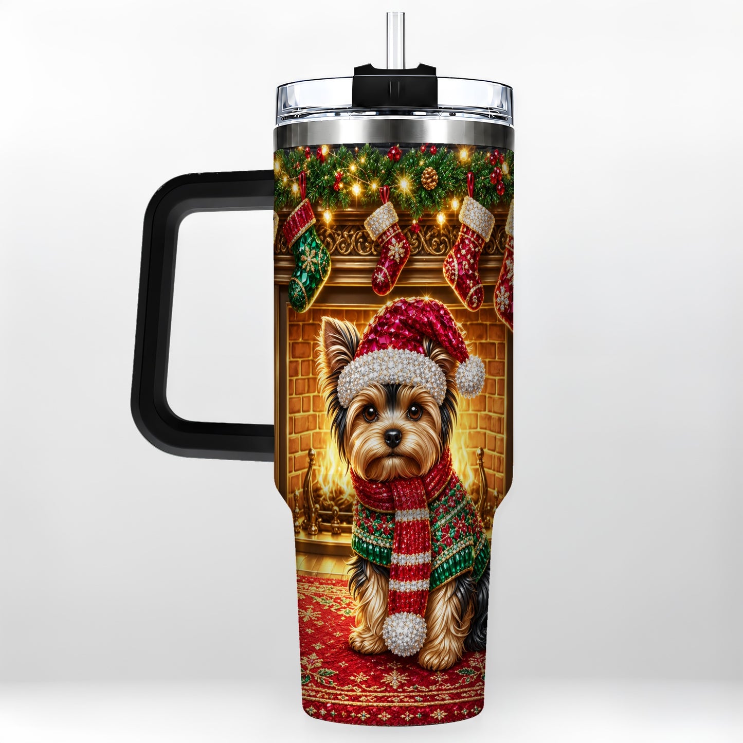 #pl[40oz|Black] Yorkie Christmas 40oz Tumbler with Handle, Fireplace Dog Travel Cup