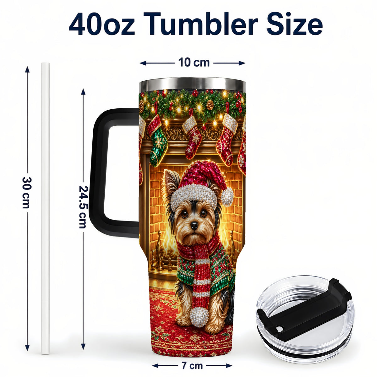#pl[40oz|Black] Yorkie Christmas 40oz Tumbler with Handle, Fireplace Dog Travel Cup