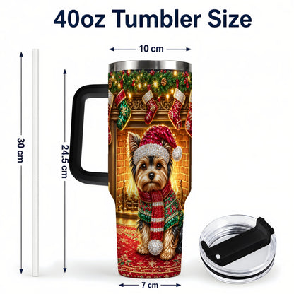 #pl[40oz|Black] Yorkie Christmas 40oz Tumbler with Handle, Fireplace Dog Travel Cup