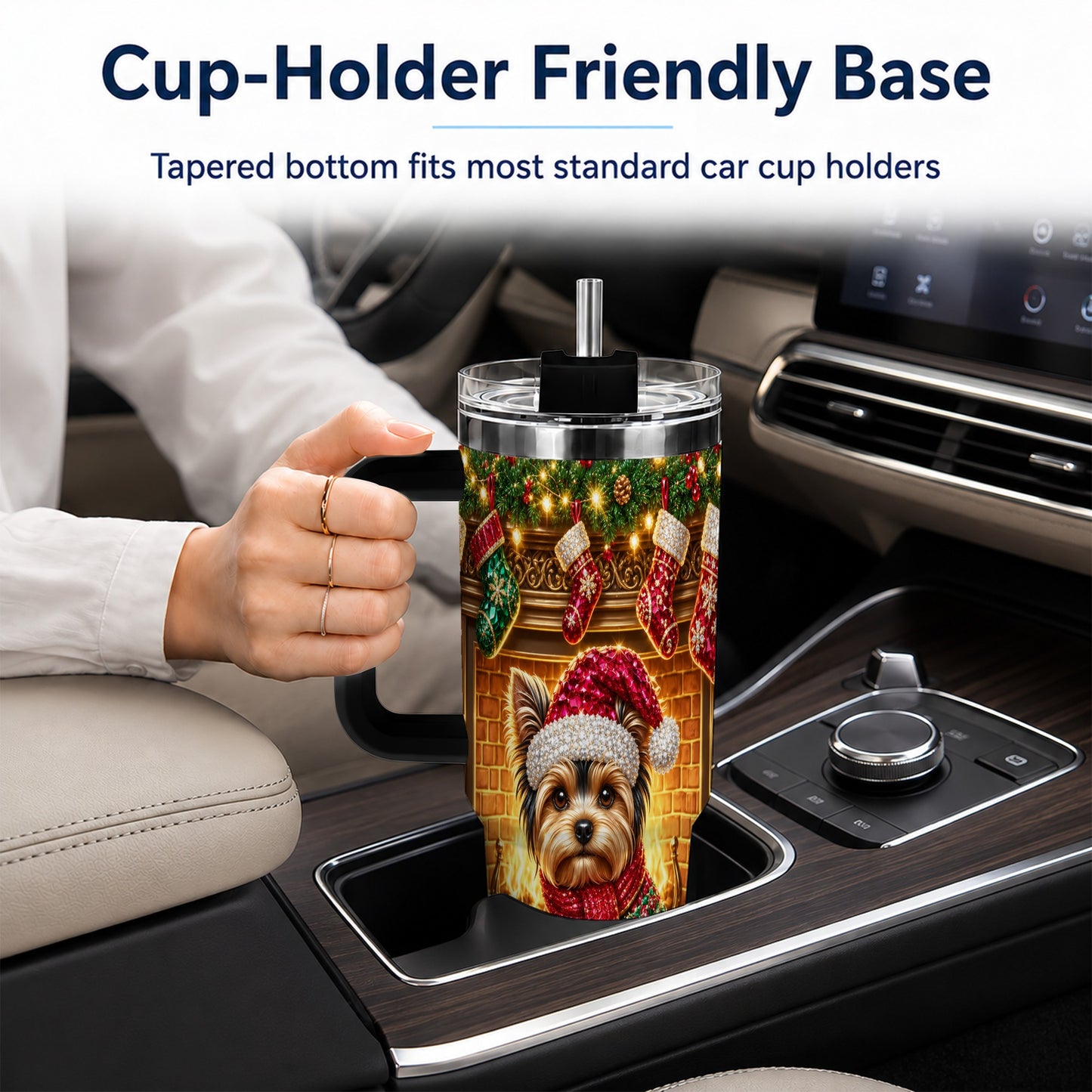 #pl[40oz|Black] Yorkie Christmas 40oz Tumbler with Handle, Fireplace Dog Travel Cup