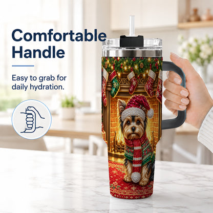 #pl[40oz|Black] Yorkie Christmas 40oz Tumbler with Handle, Fireplace Dog Travel Cup