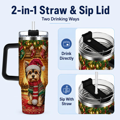 #pl[40oz|Black] Yorkie Christmas 40oz Tumbler with Handle, Fireplace Dog Travel Cup