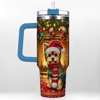 #pl[40oz|Blue] Yorkie Christmas 40oz Tumbler with Handle, Fireplace Dog Travel Cup