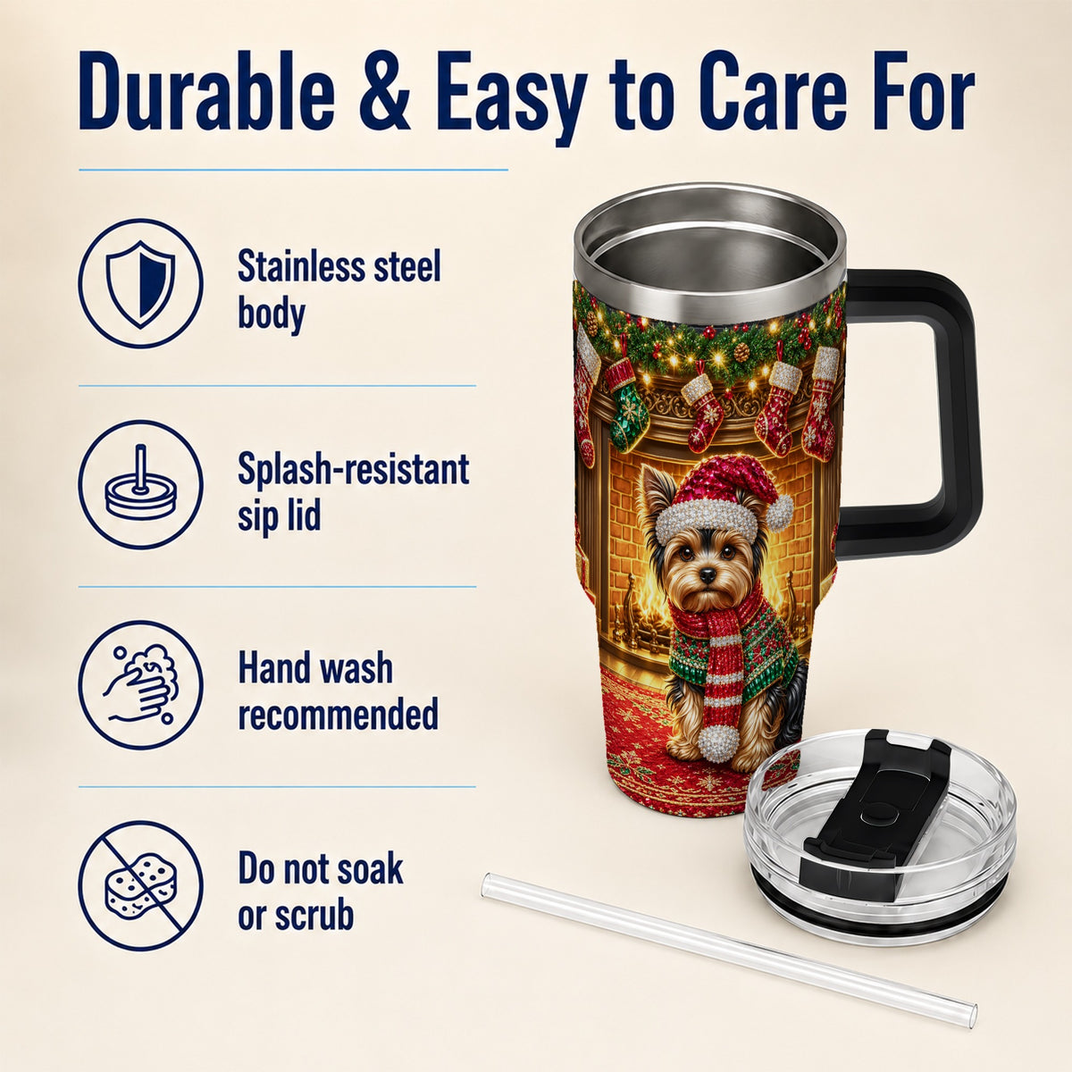 #pl[40oz|Black] Yorkie Christmas 40oz Tumbler with Handle, Fireplace Dog Travel Cup