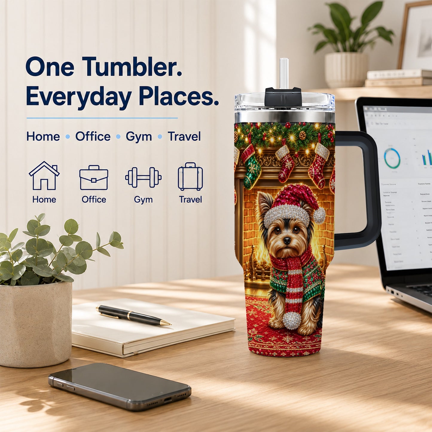 #pl[40oz|Black] Yorkie Christmas 40oz Tumbler with Handle, Fireplace Dog Travel Cup