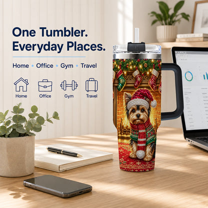 #pl[40oz|Black] Yorkie Christmas 40oz Tumbler with Handle, Fireplace Dog Travel Cup
