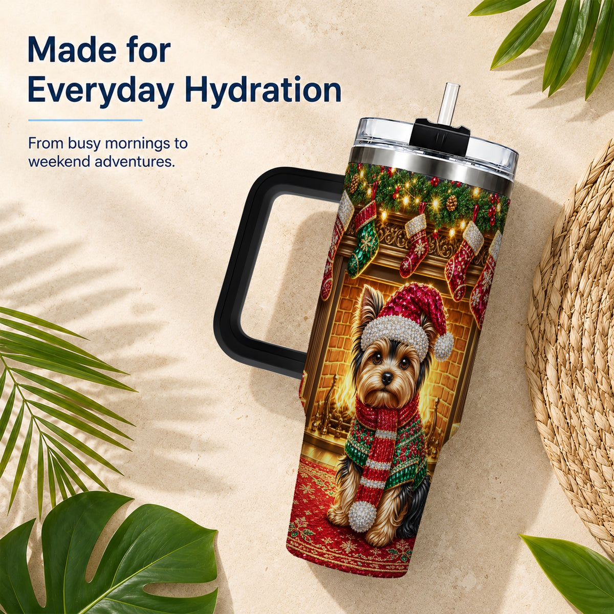 #pl[40oz|Black] Yorkie Christmas 40oz Tumbler with Handle, Fireplace Dog Travel Cup