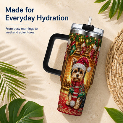 #pl[40oz|Black] Yorkie Christmas 40oz Tumbler with Handle, Fireplace Dog Travel Cup