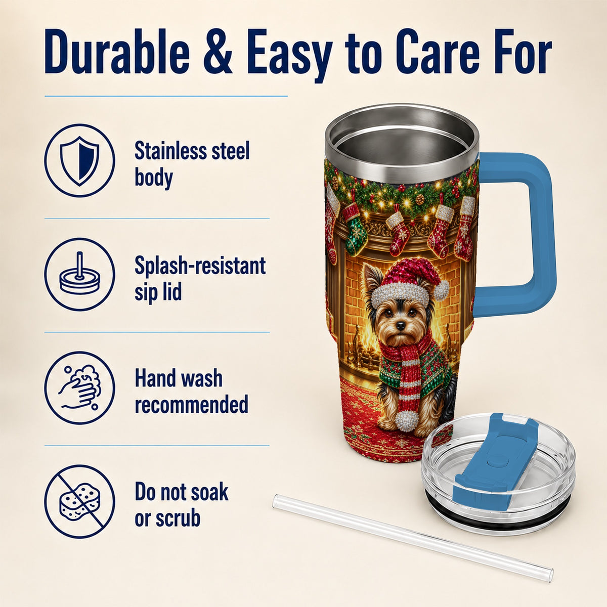 #pl[40oz|Blue] Yorkie Christmas 40oz Tumbler with Handle, Fireplace Dog Travel Cup