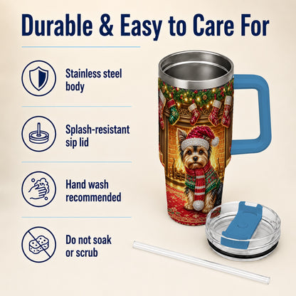 #pl[40oz|Blue] Yorkie Christmas 40oz Tumbler with Handle, Fireplace Dog Travel Cup