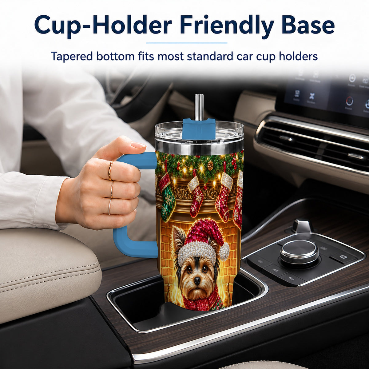 #pl[40oz|Blue] Yorkie Christmas 40oz Tumbler with Handle, Fireplace Dog Travel Cup