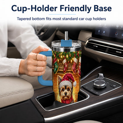 #pl[40oz|Blue] Yorkie Christmas 40oz Tumbler with Handle, Fireplace Dog Travel Cup