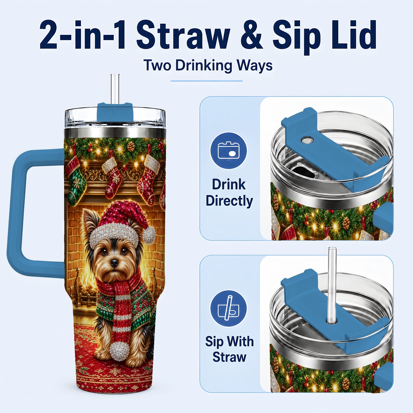 #pl[40oz|Blue] Yorkie Christmas 40oz Tumbler with Handle, Fireplace Dog Travel Cup