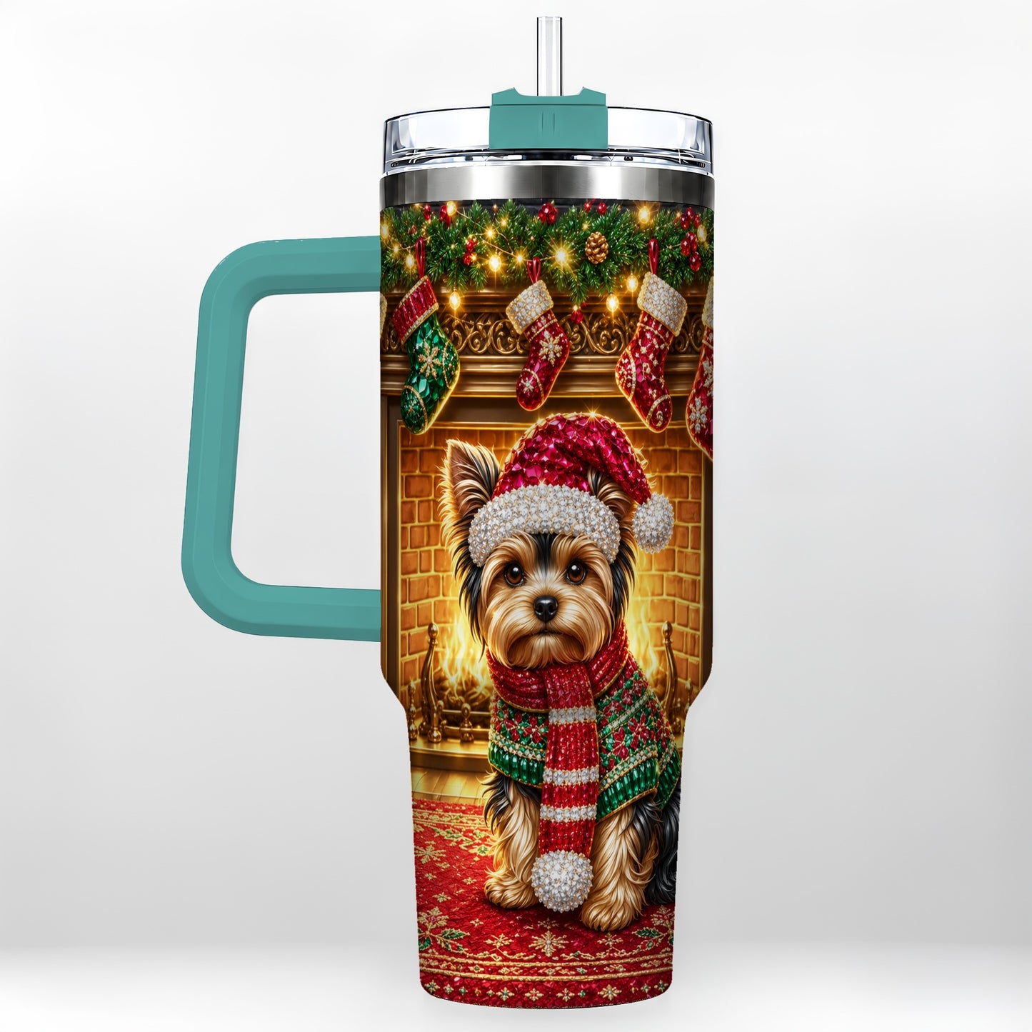#pl[40oz|Green] Yorkie Christmas 40oz Tumbler with Handle, Fireplace Dog Travel Cup