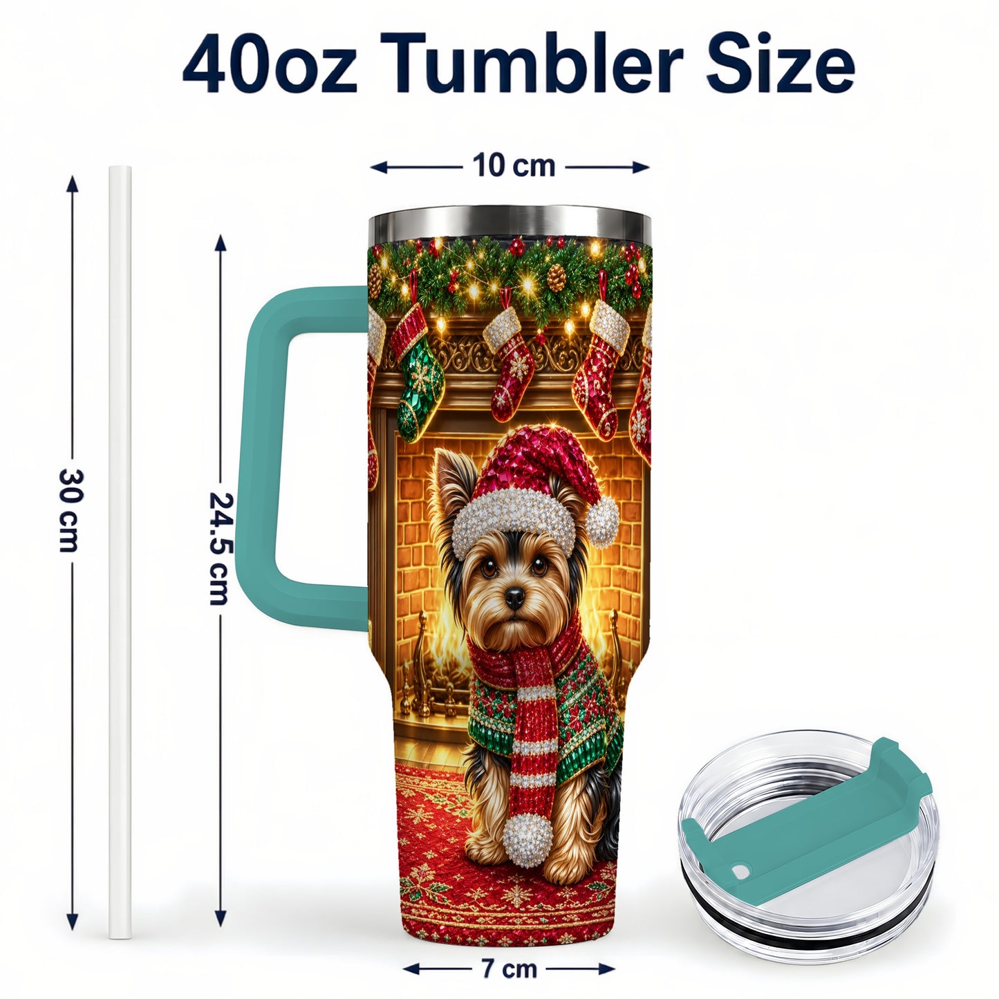 #pl[40oz|Green] Yorkie Christmas 40oz Tumbler with Handle, Fireplace Dog Travel Cup