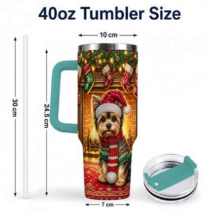 #pl[40oz|Green] Yorkie Christmas 40oz Tumbler with Handle, Fireplace Dog Travel Cup