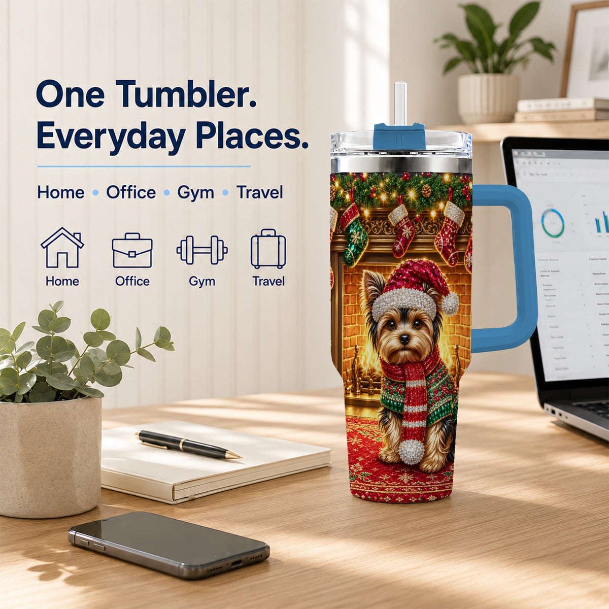 #pl[40oz|Blue] Yorkie Christmas 40oz Tumbler with Handle, Fireplace Dog Travel Cup