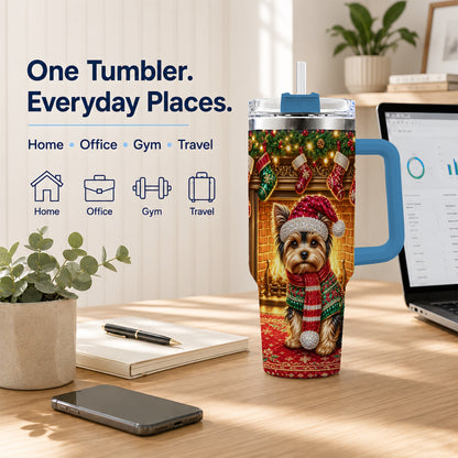 #pl[40oz|Blue] Yorkie Christmas 40oz Tumbler with Handle, Fireplace Dog Travel Cup