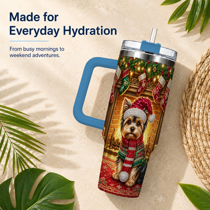 #pl[40oz|Blue] Yorkie Christmas 40oz Tumbler with Handle, Fireplace Dog Travel Cup