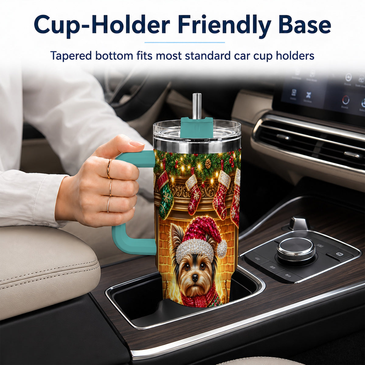 #pl[40oz|Green] Yorkie Christmas 40oz Tumbler with Handle, Fireplace Dog Travel Cup