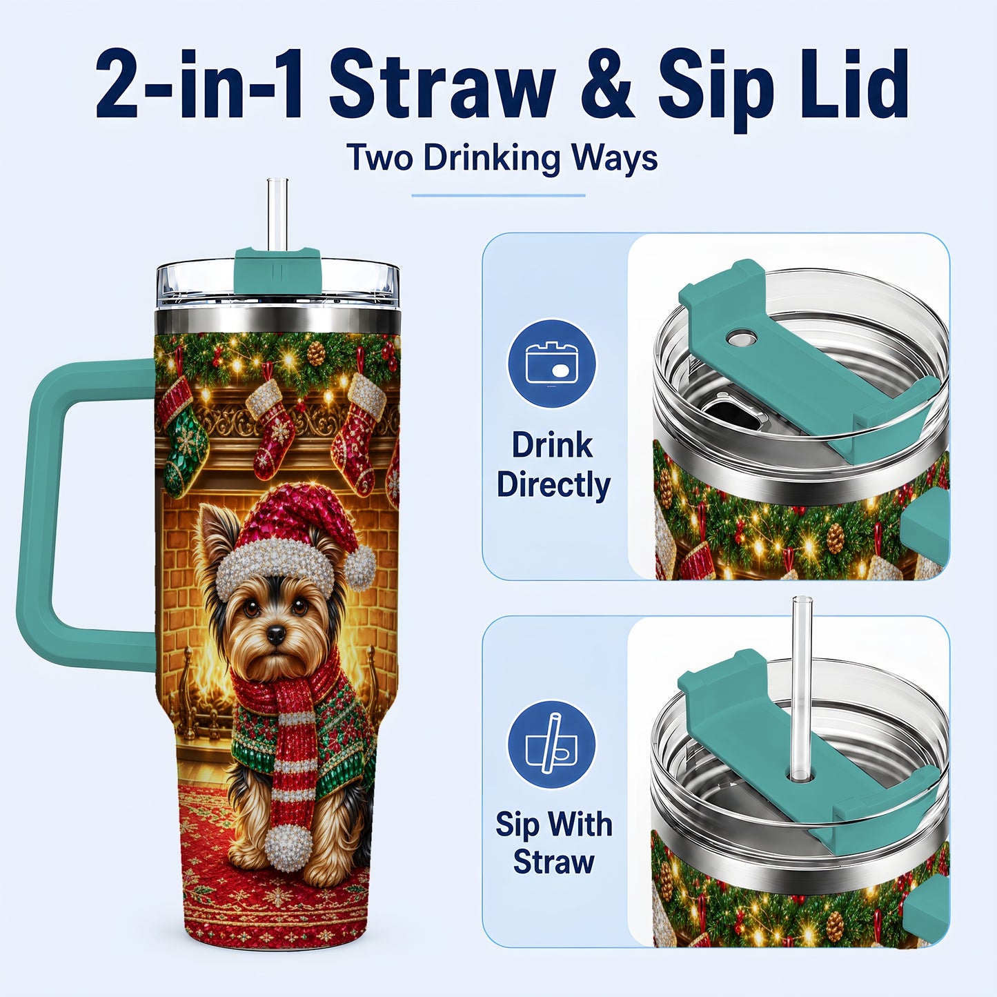 #pl[40oz|Green] Yorkie Christmas 40oz Tumbler with Handle, Fireplace Dog Travel Cup