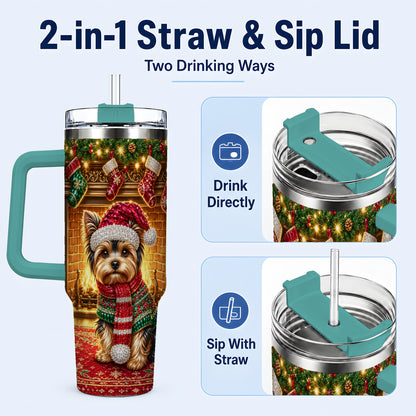 #pl[40oz|Green] Yorkie Christmas 40oz Tumbler with Handle, Fireplace Dog Travel Cup