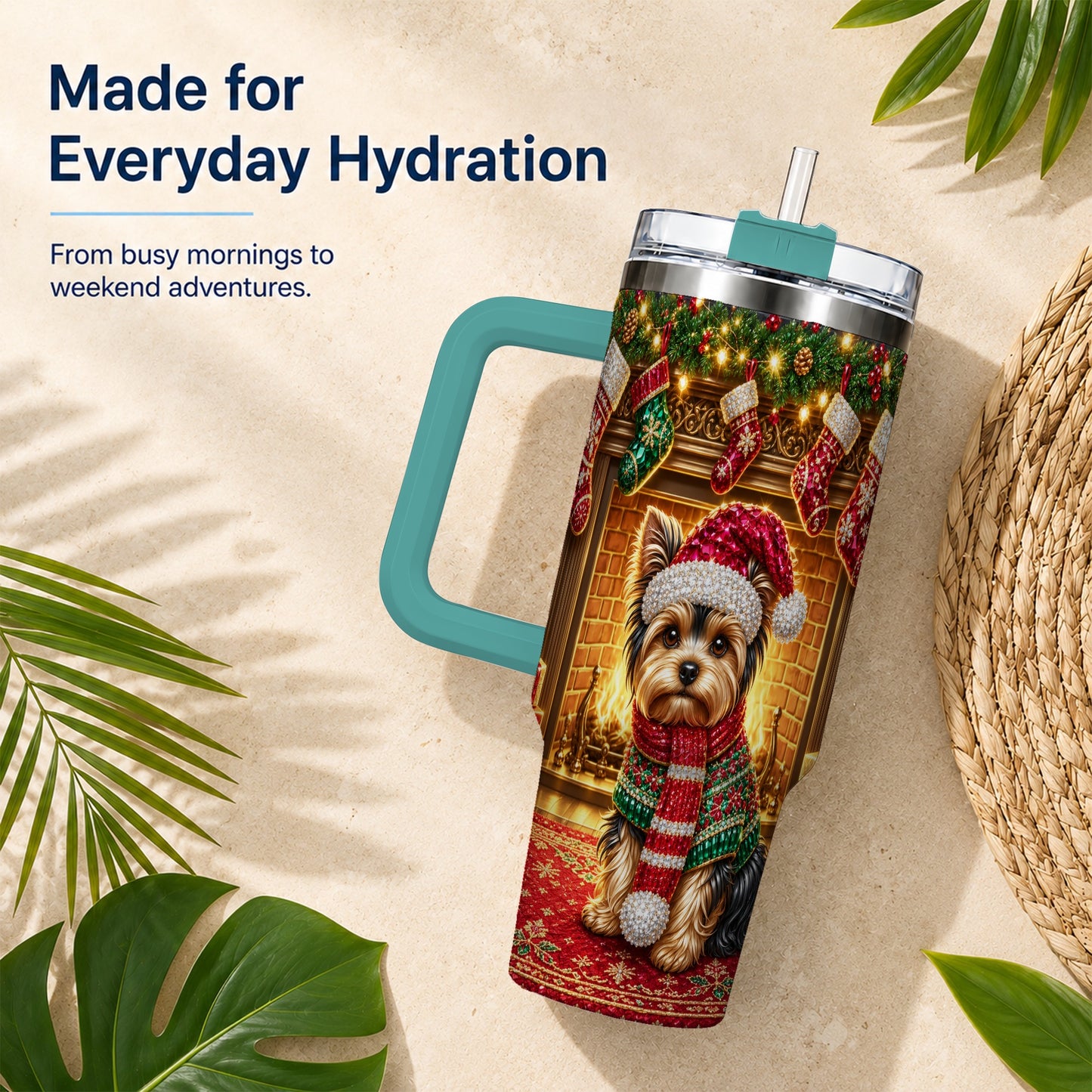 #pl[40oz|Green] Yorkie Christmas 40oz Tumbler with Handle, Fireplace Dog Travel Cup