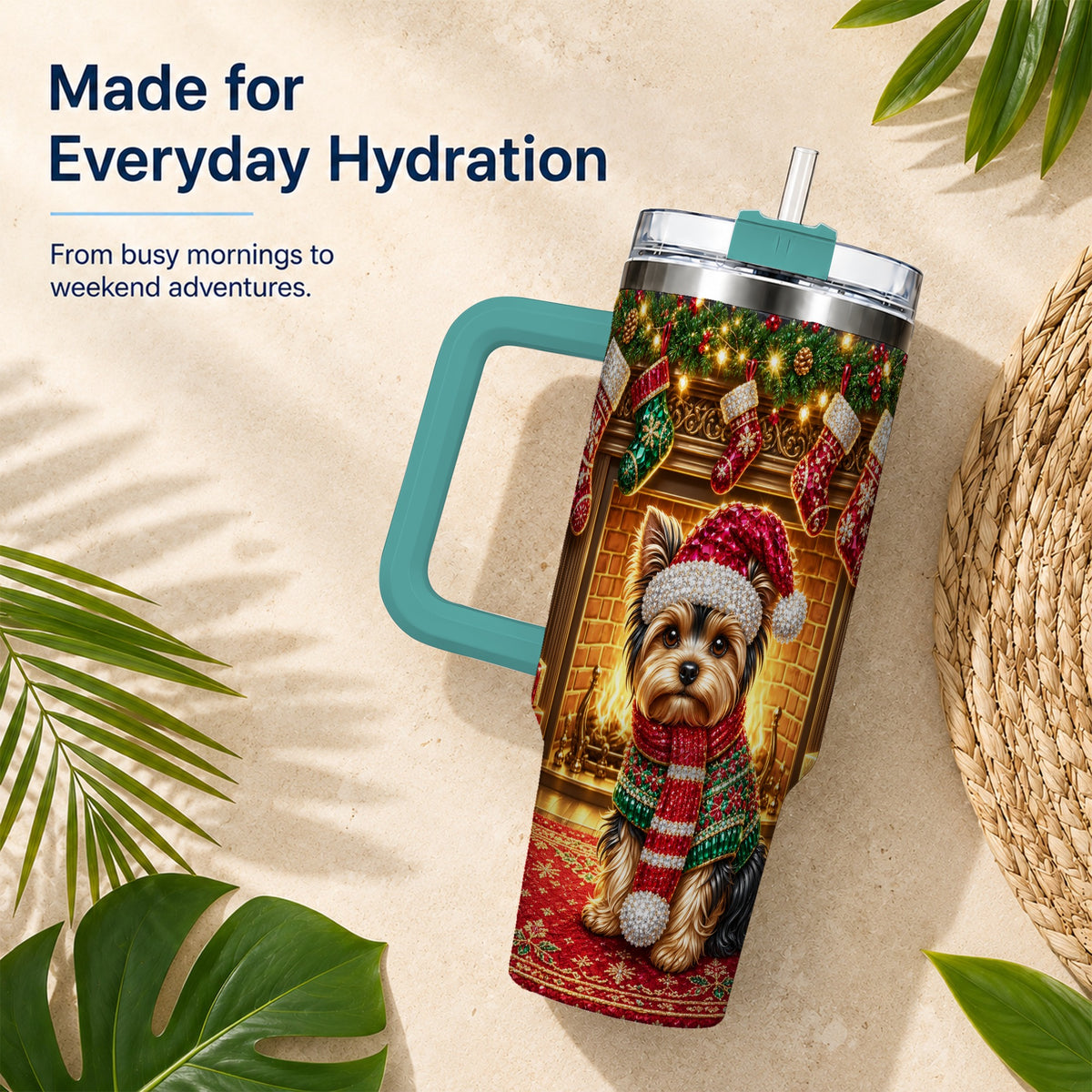 #pl[40oz|Green] Yorkie Christmas 40oz Tumbler with Handle, Fireplace Dog Travel Cup