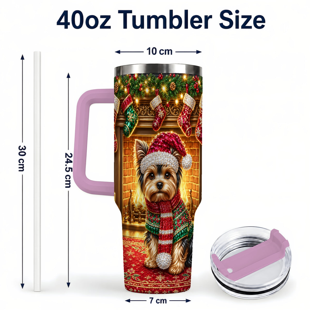 #pl[40oz|Pink] Yorkie Christmas 40oz Tumbler with Handle, Fireplace Dog Travel Cup