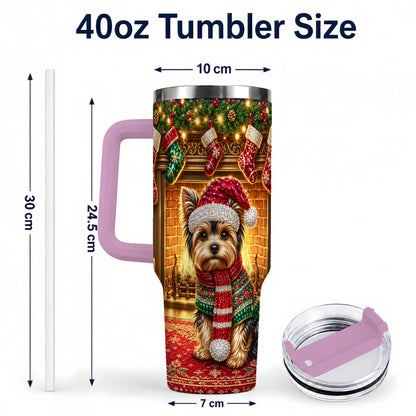 #pl[40oz|Pink] Yorkie Christmas 40oz Tumbler with Handle, Fireplace Dog Travel Cup