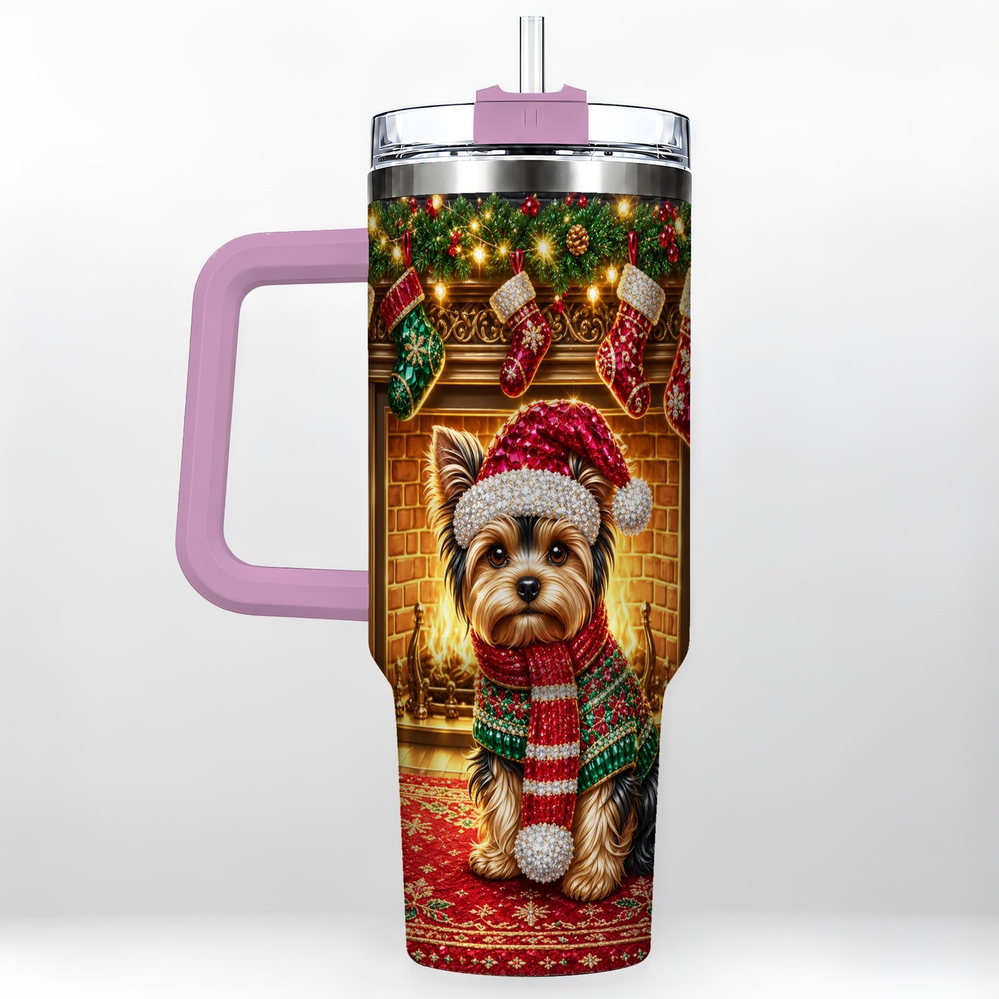 #pl[40oz|Pink] Yorkie Christmas 40oz Tumbler with Handle, Fireplace Dog Travel Cup