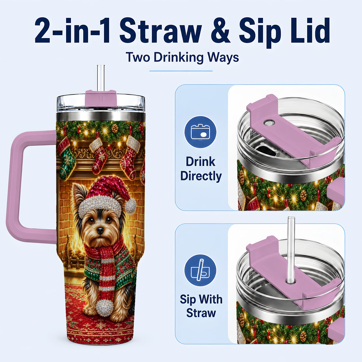 #pl[40oz|Pink] Yorkie Christmas 40oz Tumbler with Handle, Fireplace Dog Travel Cup