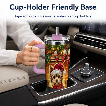 #pl[40oz|Pink] Yorkie Christmas 40oz Tumbler with Handle, Fireplace Dog Travel Cup