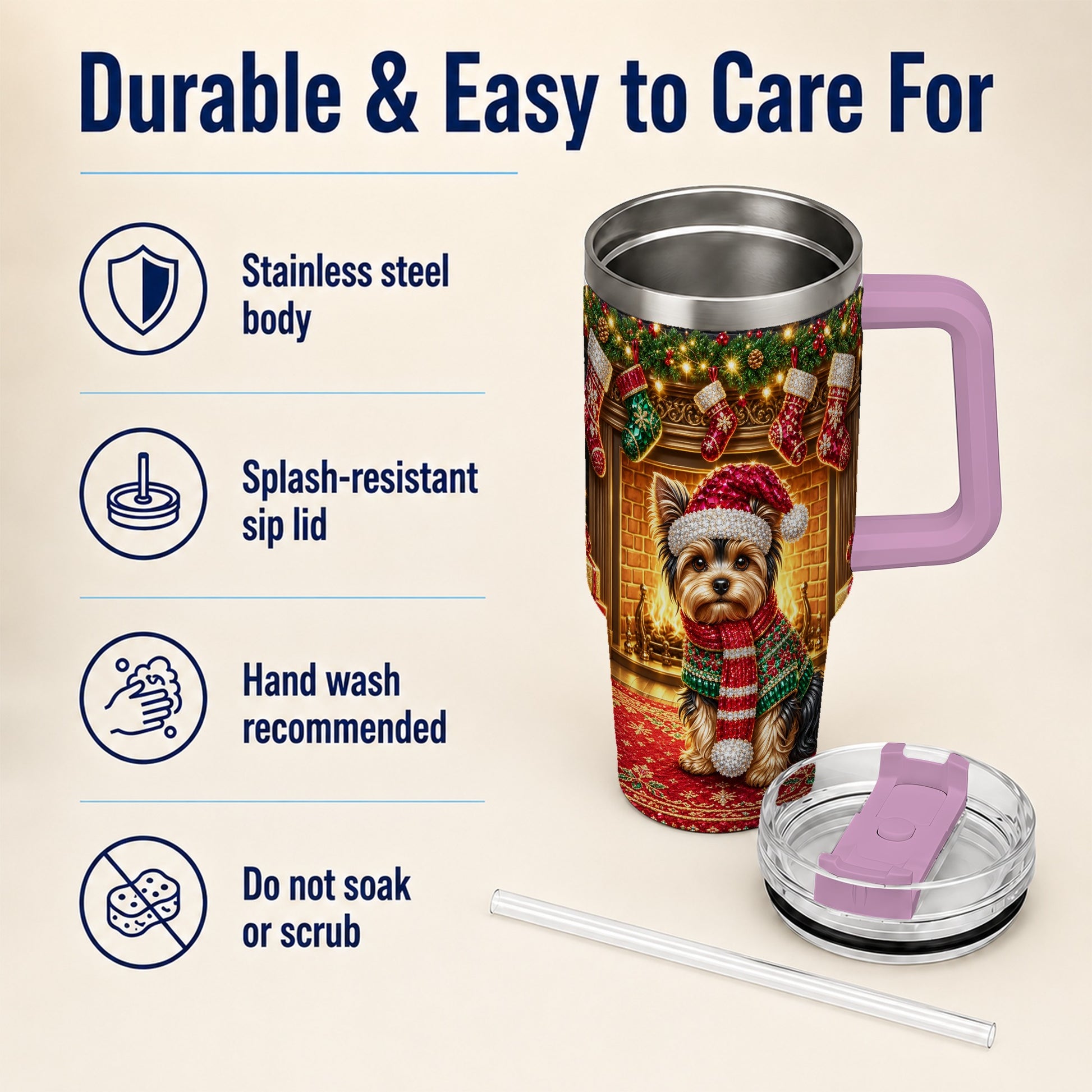 #pl[40oz|Pink] Yorkie Christmas 40oz Tumbler with Handle, Fireplace Dog Travel Cup